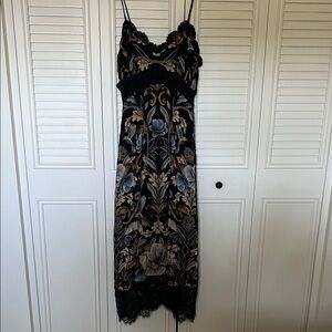 FARM Rio Black Floral Lace-Trim Maxi Dress with Blue and Tan Accents